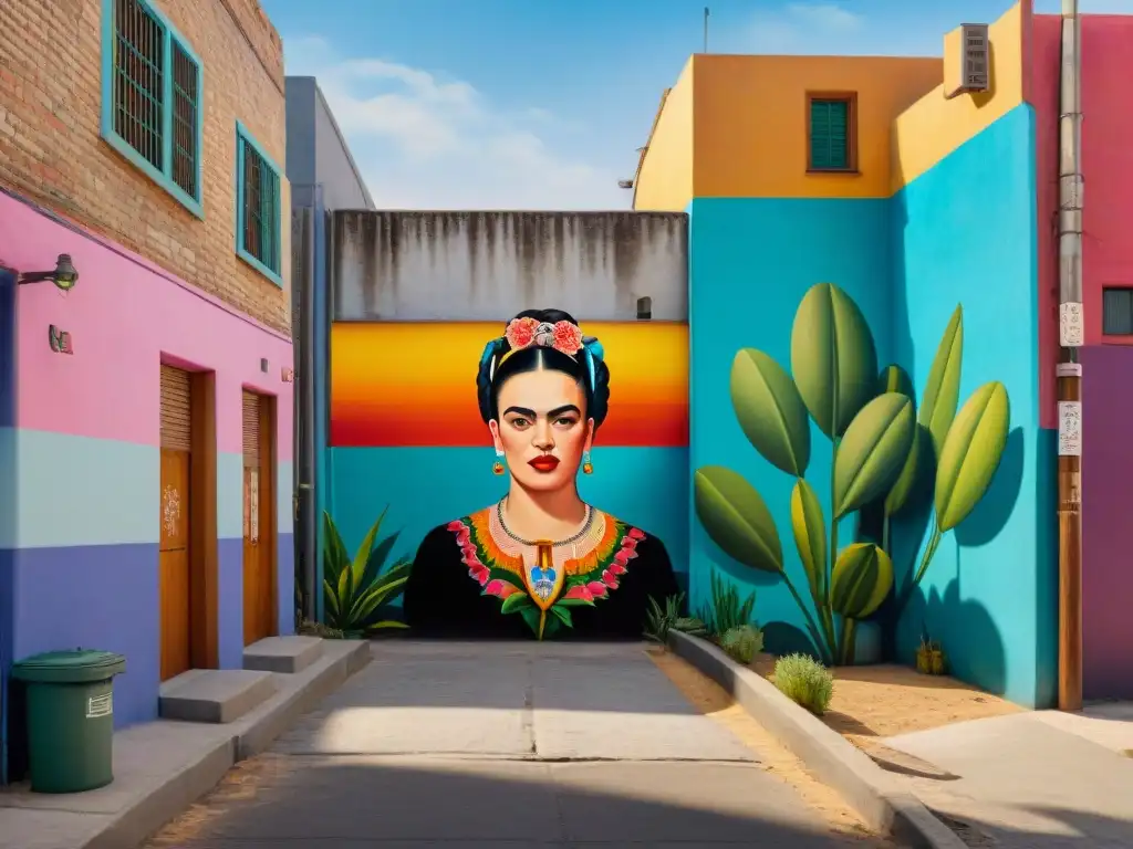 Un callejón de Los Santos lleno de grafitis detallados que fusionan cultura pop e historica, con colores vibrantes y referencias a íconos culturales