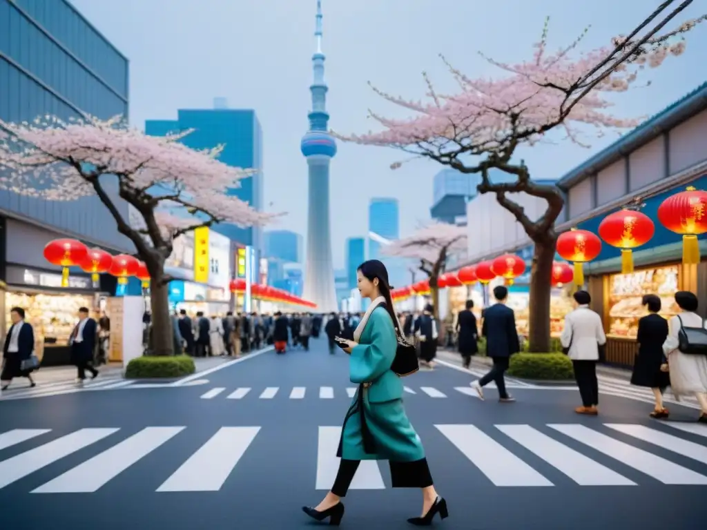 Calles bulliciosas de Tokio con personas de todas las edades inmersas en videojuegos móviles, fusionando cultura tradicional y moderna