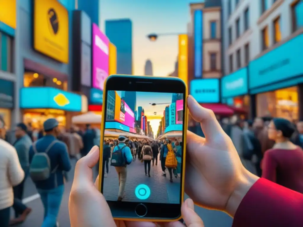 Calles urbanas bulliciosas con personas de diversas edades y fondos jugando juegos de realidad aumentada en smartphones