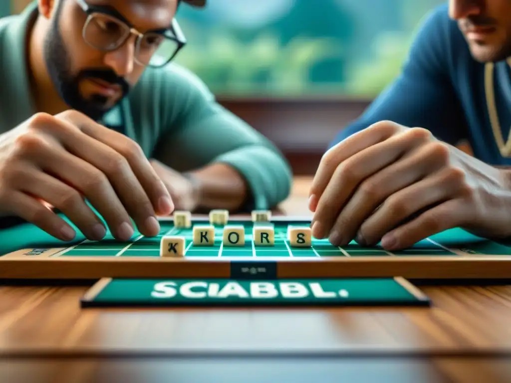 Dos campeones concentrados en estrategias en un torneo de Scrabble, rodeados de fichas