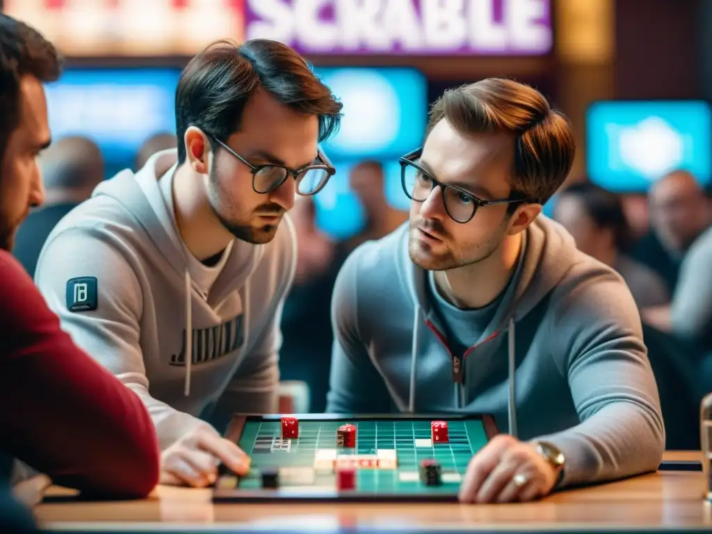 Dos campeones de Scrabble en un duelo estratégico, rodeados de espectadores ansiosos y con el marcador de palabras en pantalla