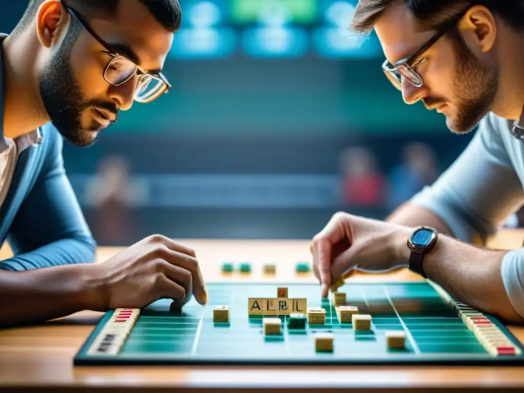 Dos campeones en torneo Scrabble, con estrategias intensas, concentrados en formar palabras clave