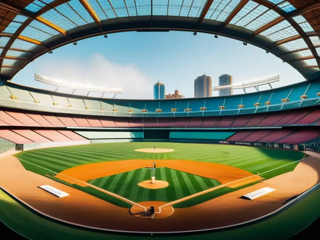 Un campo de béisbol vibrante en Barcelona, donde jugadores de diversas culturas se unen en amistoso juego bajo el sol europeo