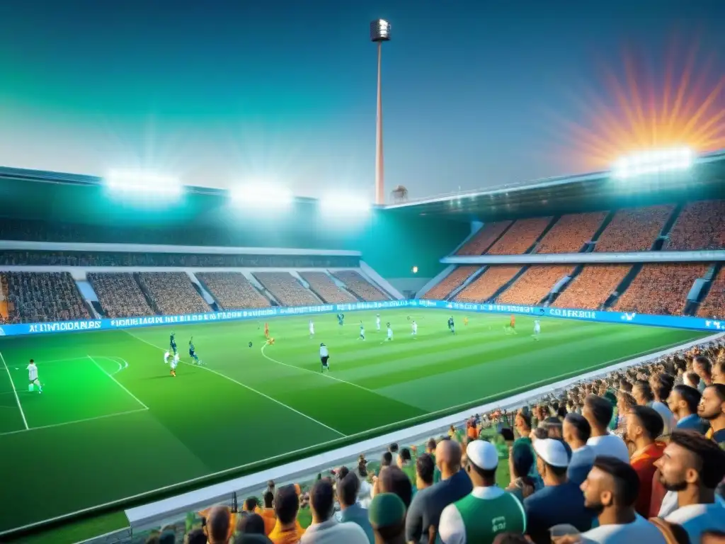 Un campo de fútbol verde vibrante con paneles solares, jugadores en eco-jerseys, espectadores en gradas biodegradables y una turbina eólica al fondo