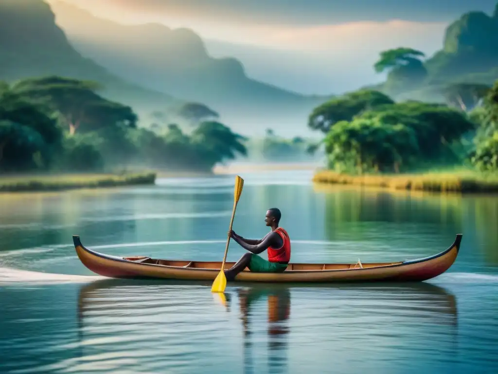 Una canoa de madera tradicional surca un río africano, rodeada de exuberante naturaleza y vida silvestre