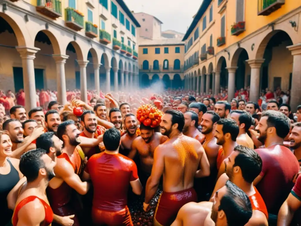 Caos festivo en La Tomatina: multitud sonriente en batalla de tomates