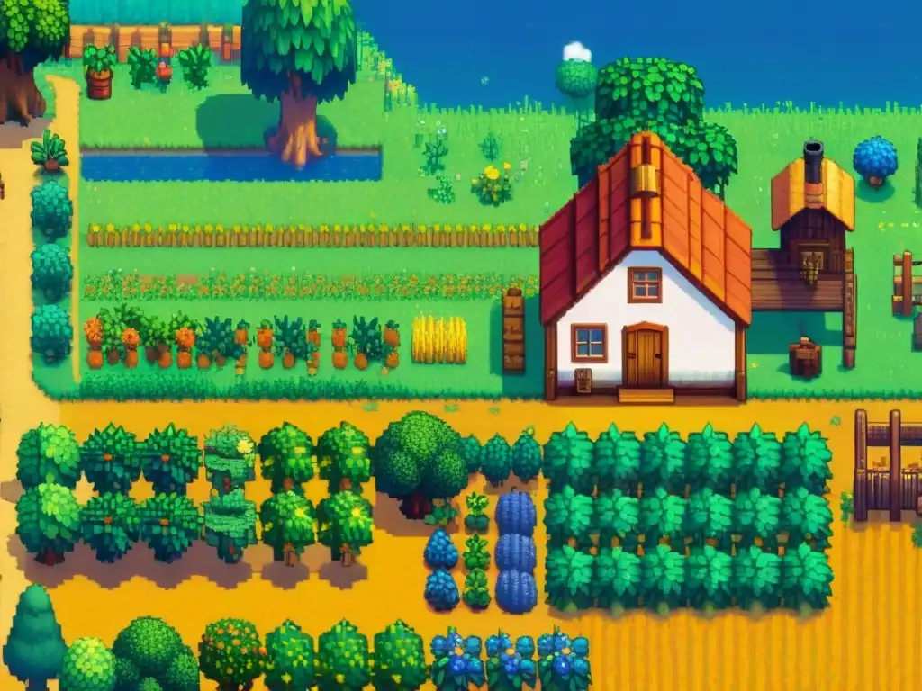Características juego indie Stardew Valley: Granja serena con cultivos coloridos, personaje trabajando y animales