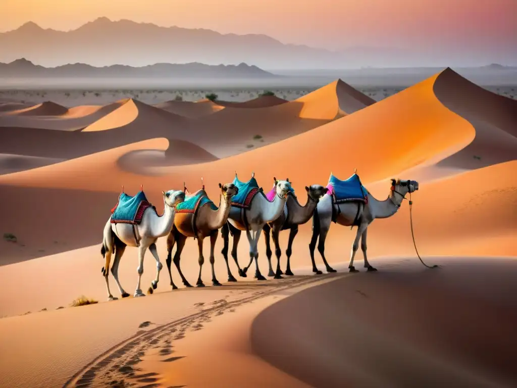 Carreras de camellos en el desierto al amanecer, tradición ancestral con paisaje dorado y cielo rosado