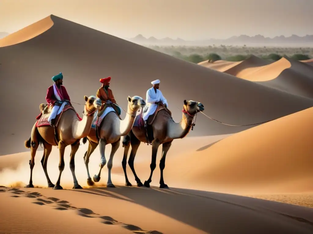 Carreras de camellos en la tradición del desierto al amanecer, con decorados majestuosos y sombras alargadas