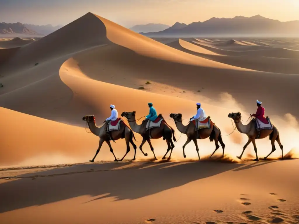 Carreras de camellos en el desierto al amanecer, jinetes y espectadores maravillados