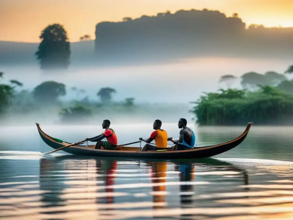 Carreras de canoas tradicionales en África al amanecer, remando con destreza en el río sereno