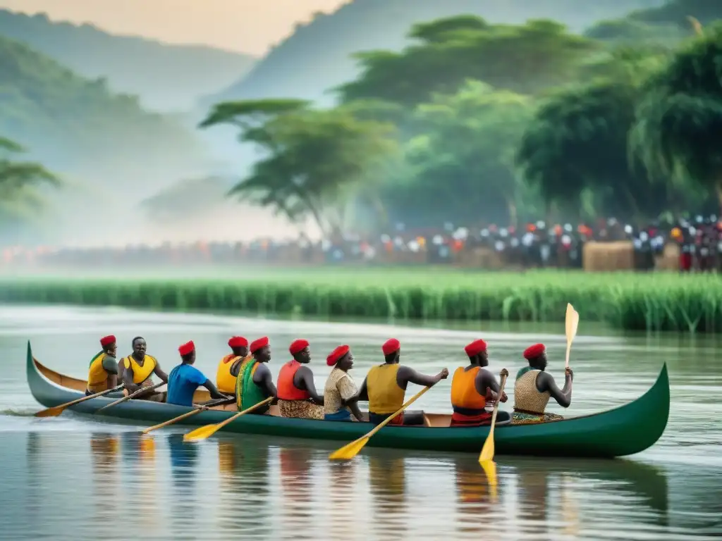 Carreras de canoas tradicionales en África: escena vibrante de canoas coloridas compitiendo en un río, con espectadores animados en las orillas