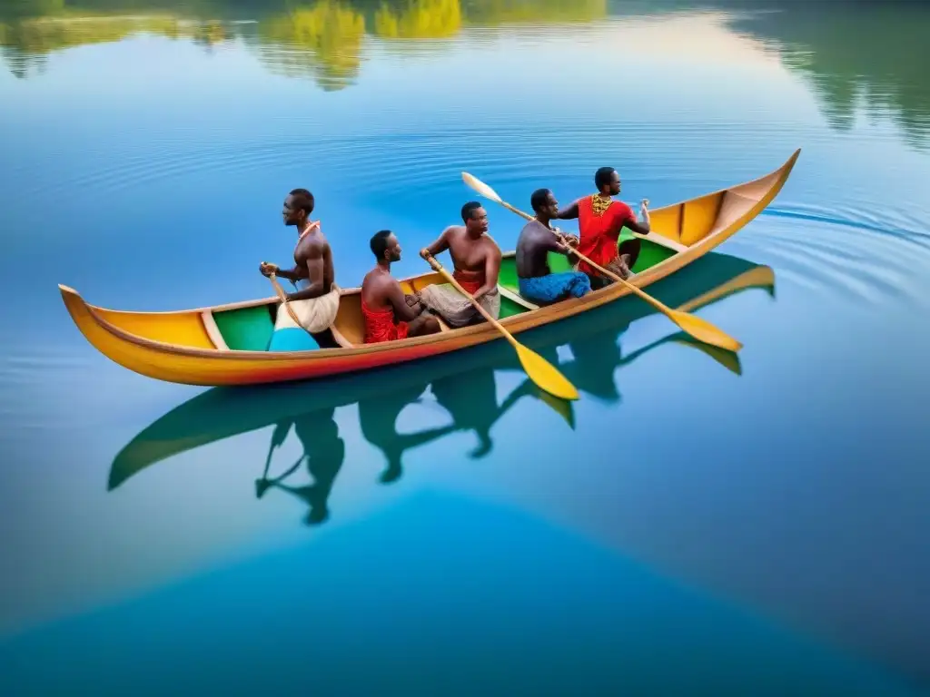 Carreras de canoas tradicionales en África: Hombres africanos en canoas de madera, atuendos coloridos, río sereno al atardecer