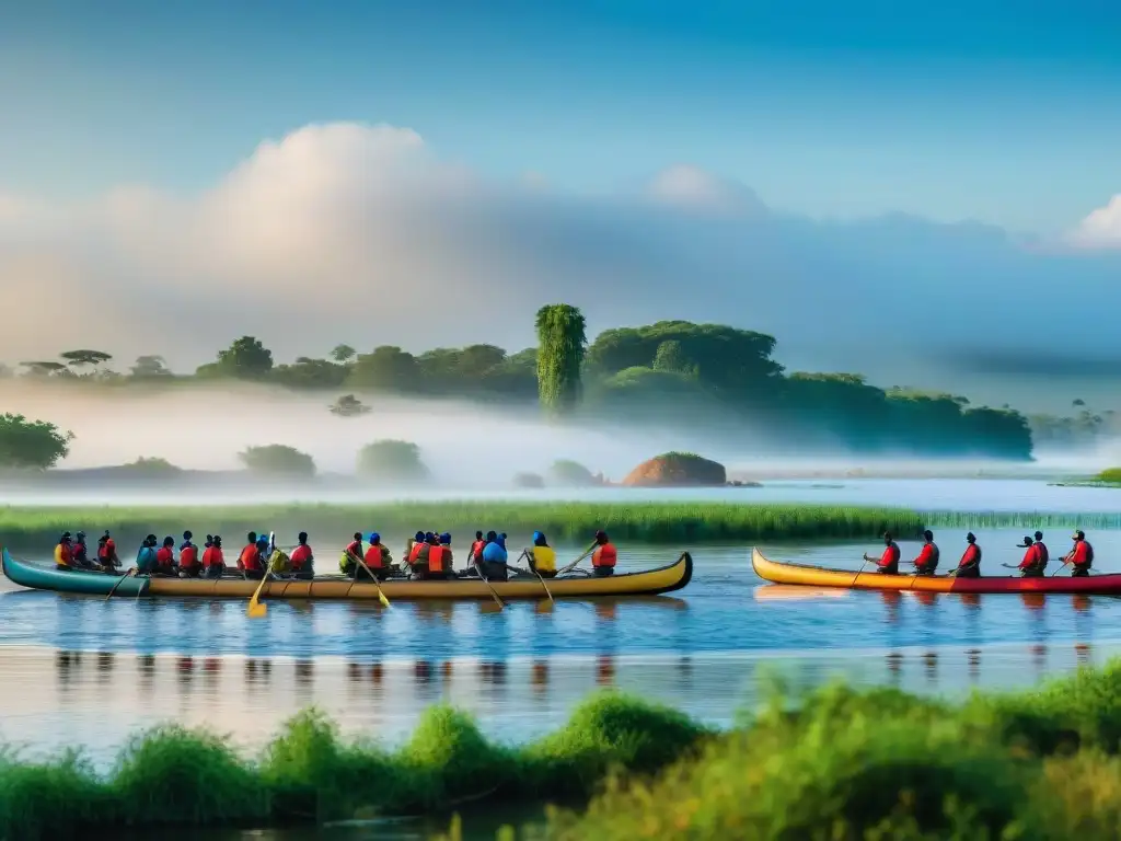 Carreras de canoas tradicionales en vibrante riverbank africano con coloridos diseños tribales, canoístas y espectadores animados