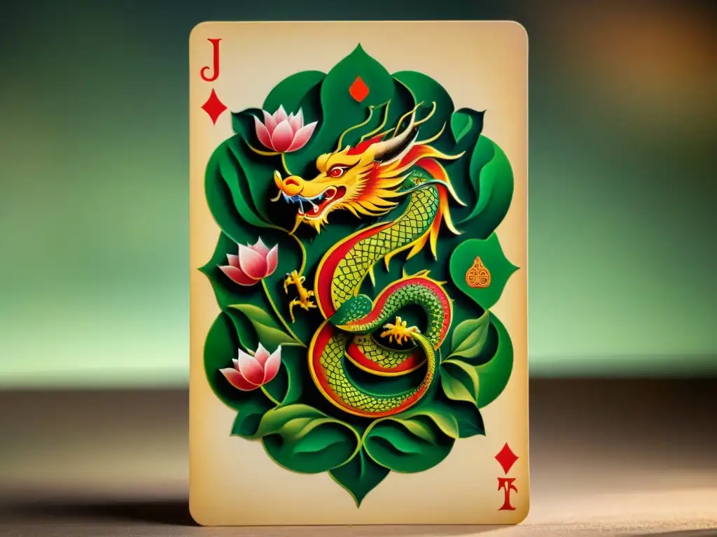 Una carta de juego china antigua y detallada, pintada a mano en pergamino, con un dragón majestuoso y una flor de loto