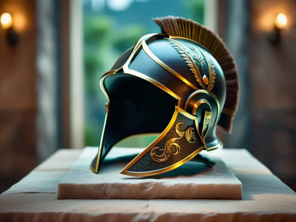 Un casco de gladiador romano antiguo reposa en un pedestal de piedra, detallado y marcado por batallas, bajo una suave iluminación de museo