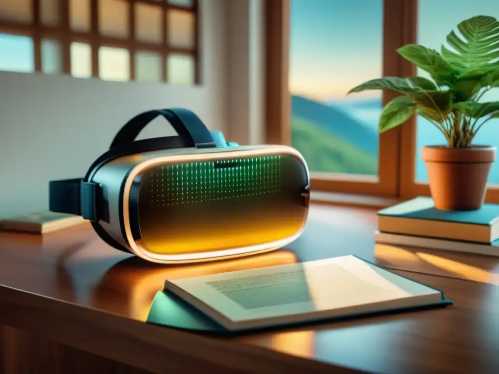 Un casco de realidad virtual junto a álbum familiar, plantita y lentes, iluminados por la luz natural