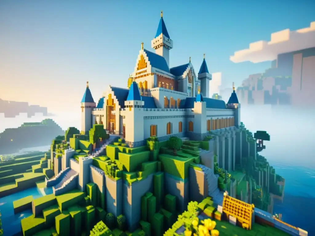 Un castillo de Minecraft con técnicas avanzadas de construcción, rodeado de jardines exuberantes bajo un cielo azul