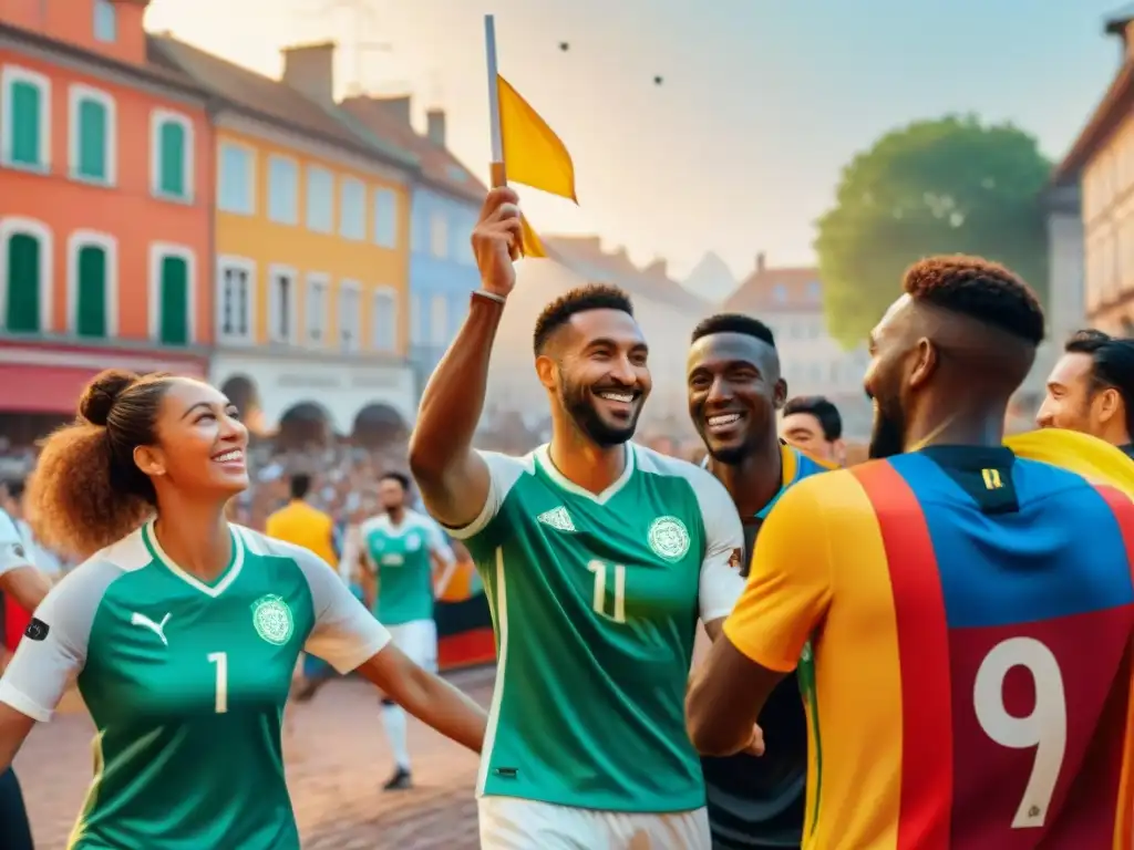 Celebración de la diversidad y unidad entre culturas globales tras un juego de fútbol amistoso en la ciudad