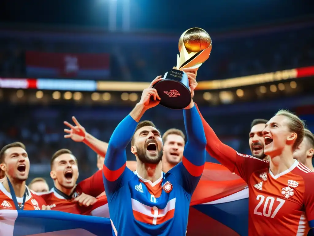 Celebración de la victoria del equipo nacional de voleibol de Rusia en un campeonato, mostrando el éxito internacional voleibol historia Rusia