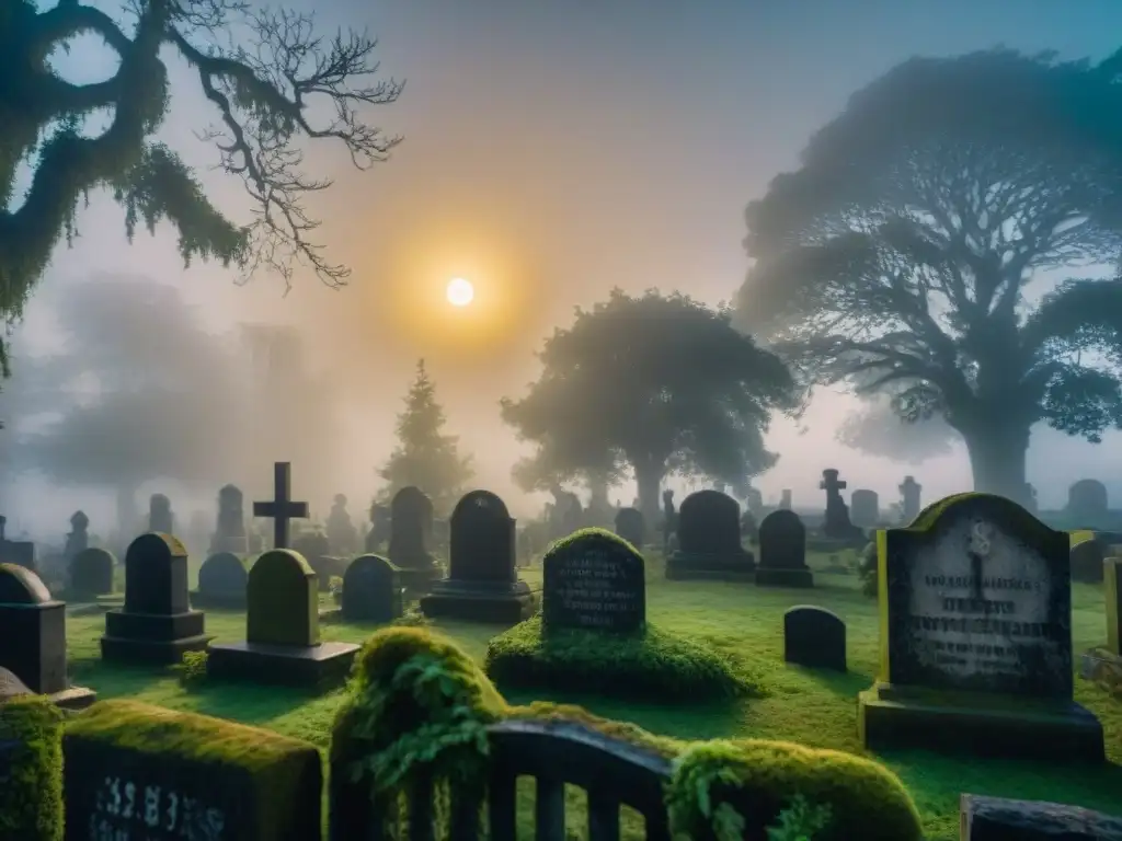 Un cementerio abandonado y cubierto de musgo en la noche, con niebla espesa y luna llena