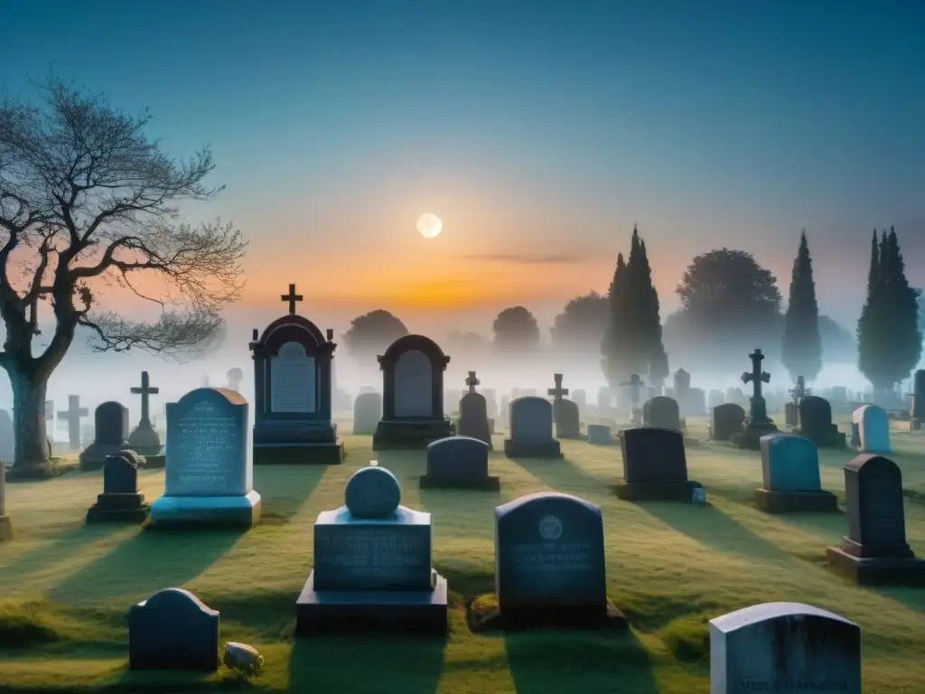 Un cementerio iluminado por la luna llena, con tumbas antiguas y niebla, ideal para carreras de orientación en cementerios