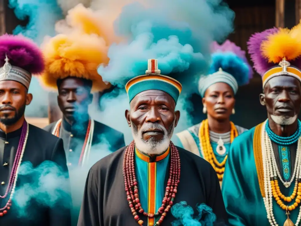 Ceremonia funeraria en África: ancianos en atuendo tradicional rodeados de máscaras y telas ceremoniales, creando una atmósfera mística