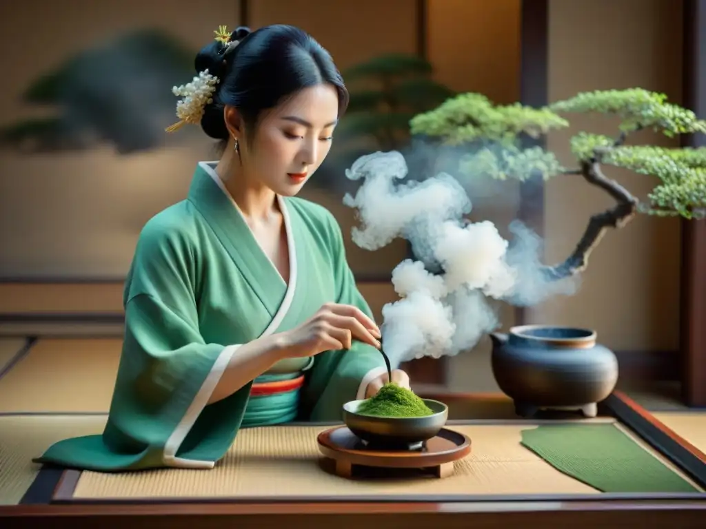 Una ceremonia del té japonesa detallada, con el maestro sirviendo matcha en un cuenco