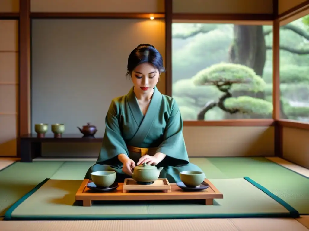 Una ceremonia del té japonesa en una habitación serena con kimono, bonsáis y caligrafía, capturando la esencia de las culturas educativas