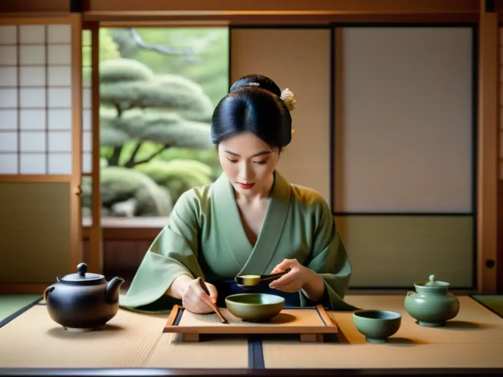 Ceremonia del té japonesa en una habitación tradicional con maestro de té en kimono