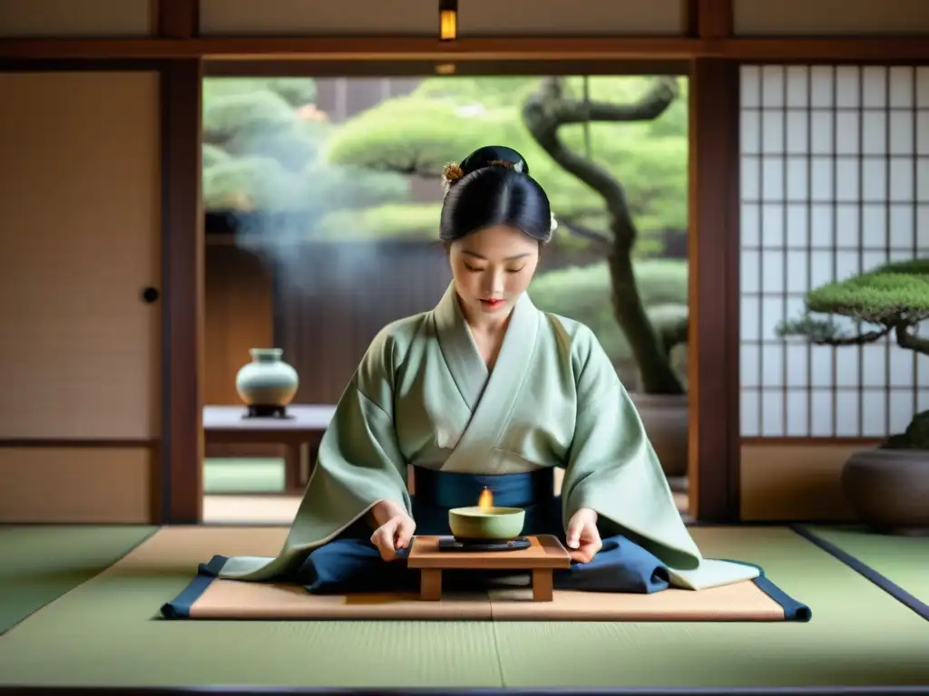 Una ceremonia del té japonesa con maestro de té y practicantes de artes marciales