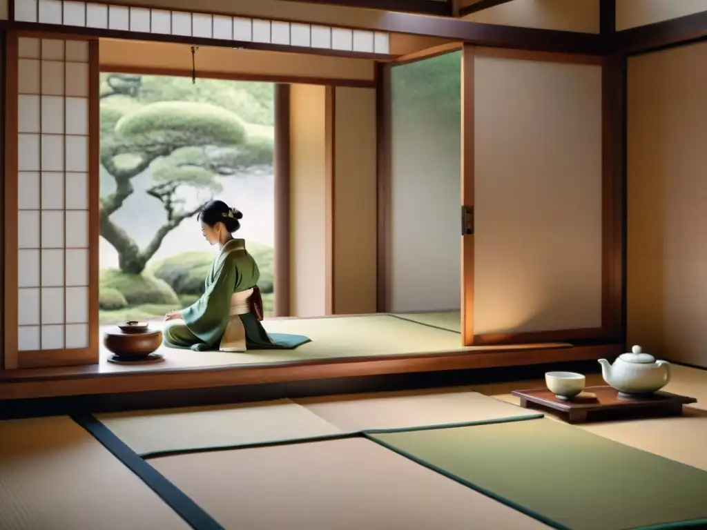 Una ceremonia japonesa serena en una habitación de tatami, con juegos indígenas ceremonias rituales sagrados