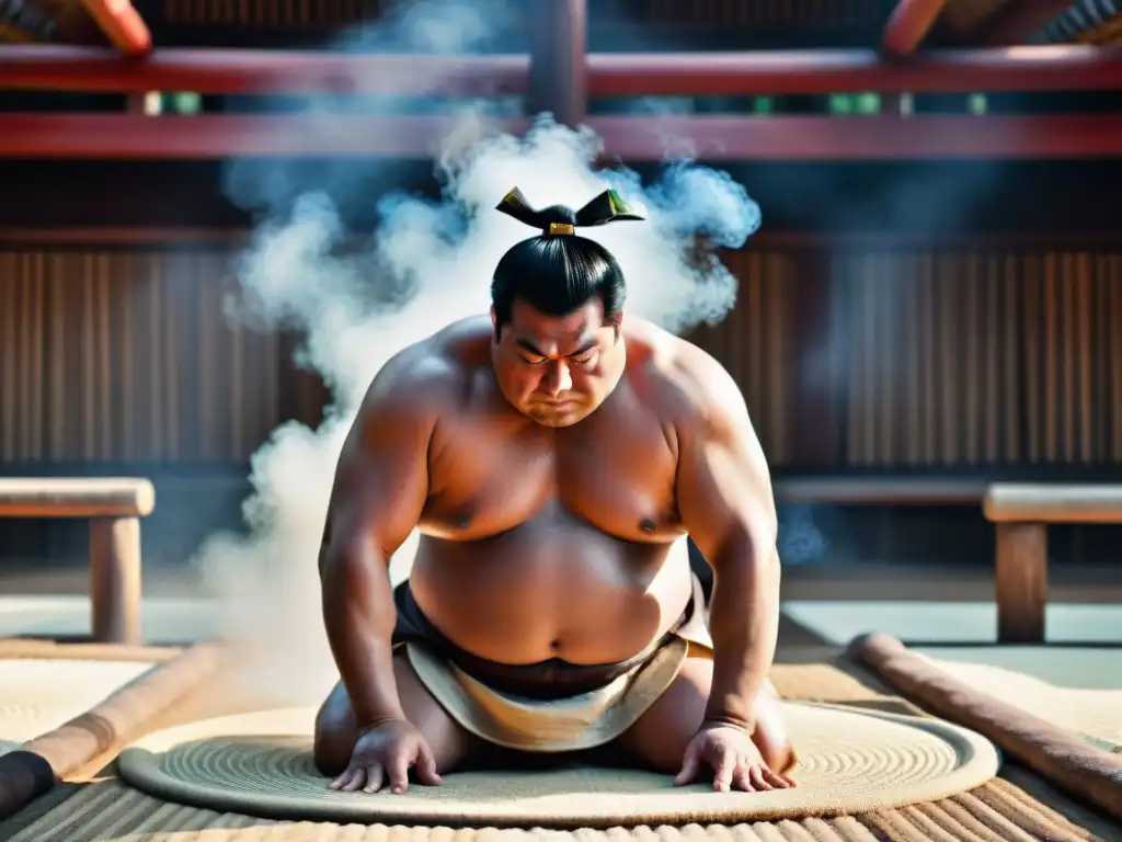 Ceremonia prepartido sumo japonés: Detalle de ritual de purificación antes de combate, con gestos simbólicos y serena atmósfera