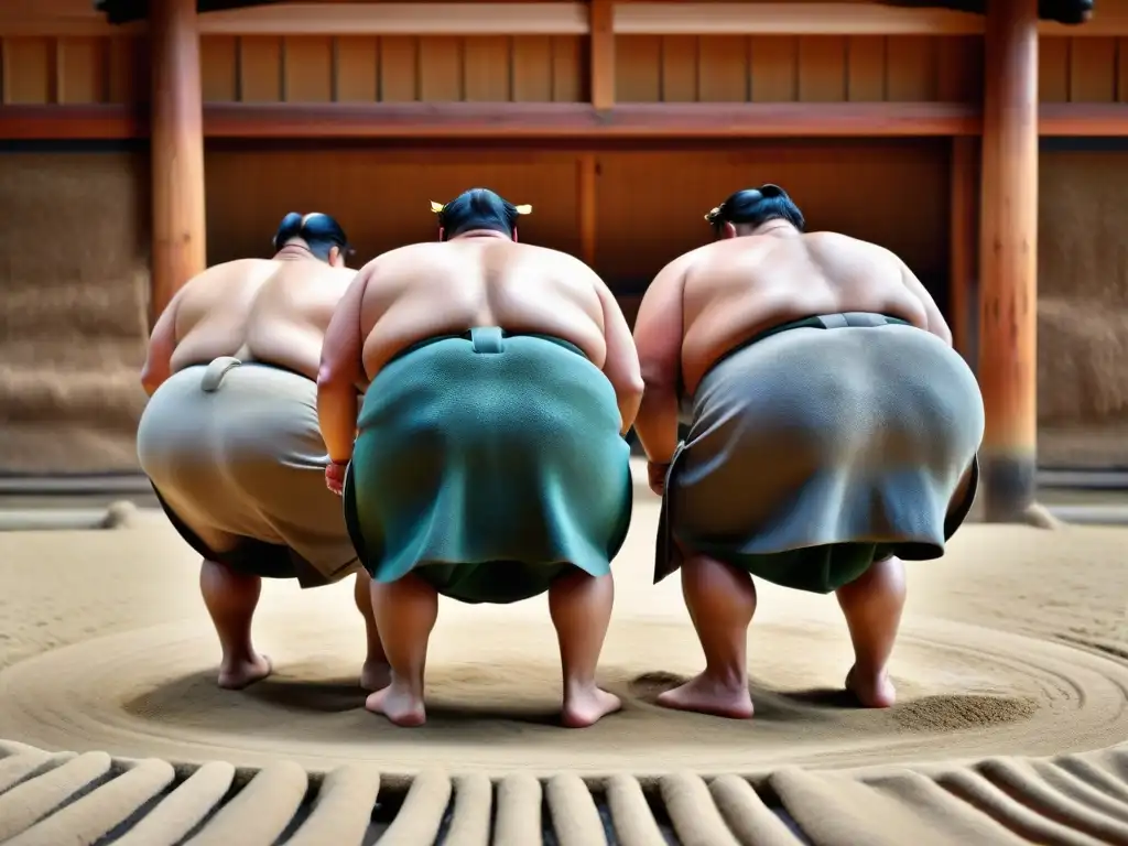 Ceremonia prepartido sumo japonés: luchadores en mawashi tradicional se inclinan con respeto en establo