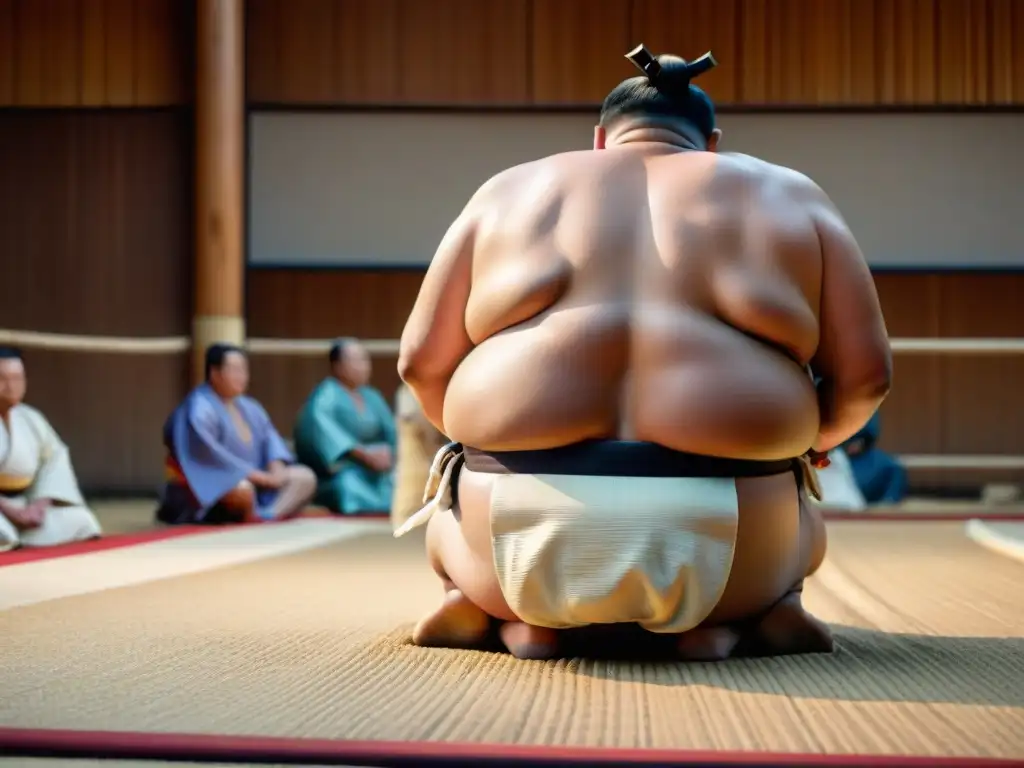 Ceremonia prepartido sumo japonés: detallada imagen de un luchador de sumo envolviendo su cinturón ceremonial con precisión