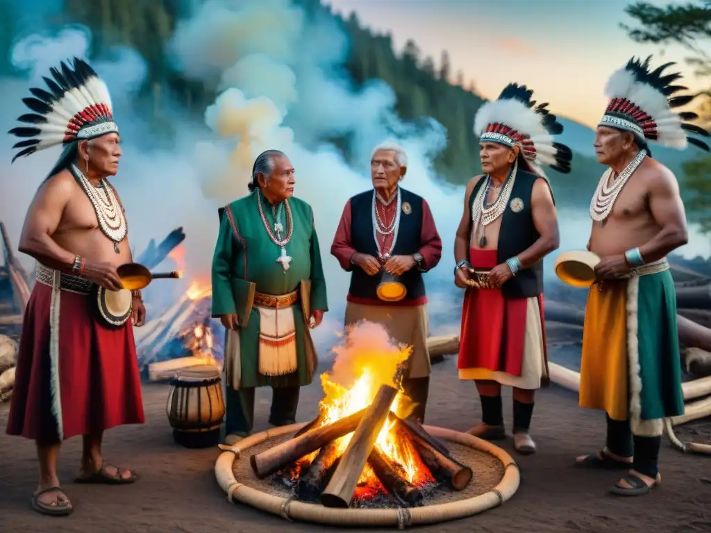 Ceremonia sagrada con ancianos indígenas alrededor del fuego, en un bosque místico