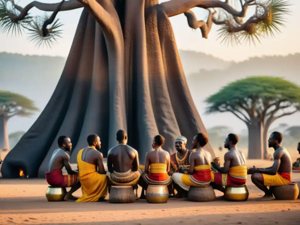 Ceremonia de extracción de vino de palma en África bajo un baobab antiguo con vibrantes colores y espíritu comunitario