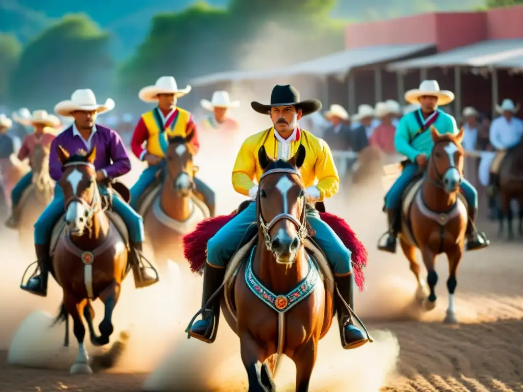 Charros hábiles y coloridos ejecutan maniobras en un evento de Charrería, con energía y tradición