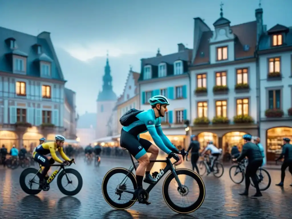 Evolución del ciclismo en Europa: ciclistas en una bulliciosa plaza europea, fusionando historia y cultura ciclista contemporánea