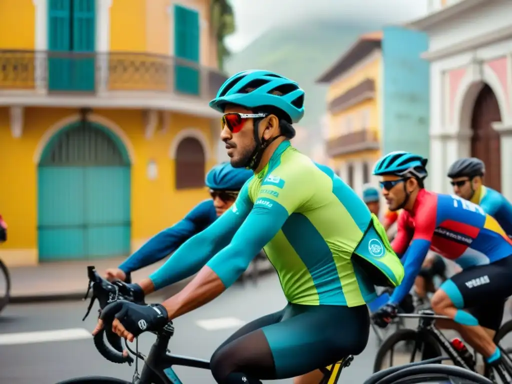 Ciclismo en América Latina historia: Ciclistas pedaleando en una ciudad vibrante, con arquitectura histórica y locales observando desde las aceras