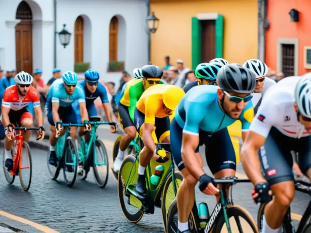 Ciclismo en América Latina: vibrante pelotón de ciclistas en una ciudad histórica, con arquitectura colonial y espectadores entusiastas