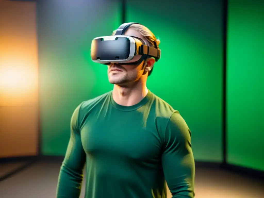 Un cineasta experimenta la Realidad virtual en el cine, rodeado de pantallas verdes y cámaras en un estudio, con expresión de asombro y emoción
