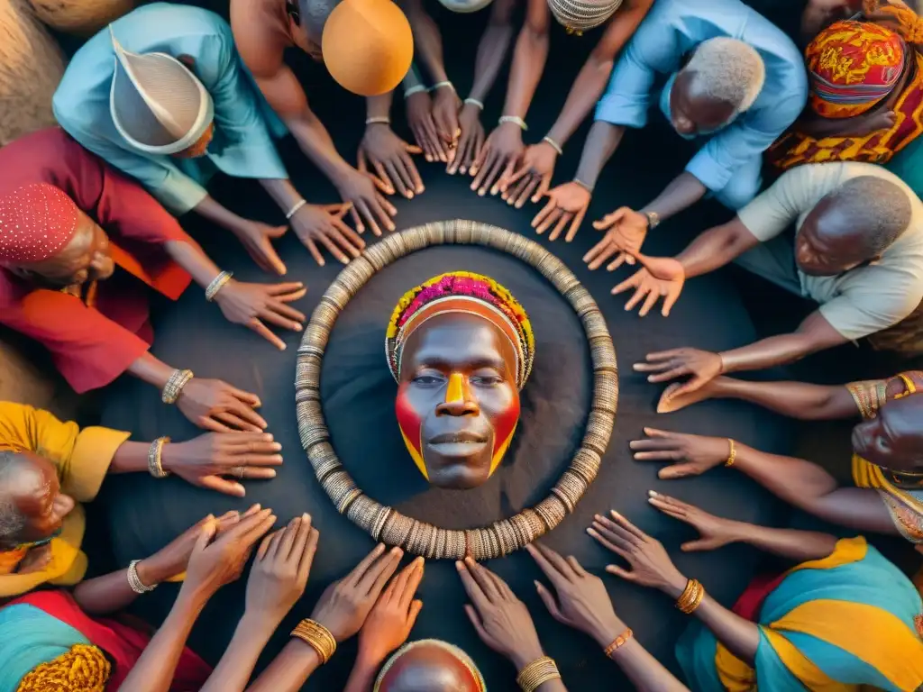 Círculo de ancianos africanos en ceremonia alrededor del fuego, con máscaras y textiles coloridos