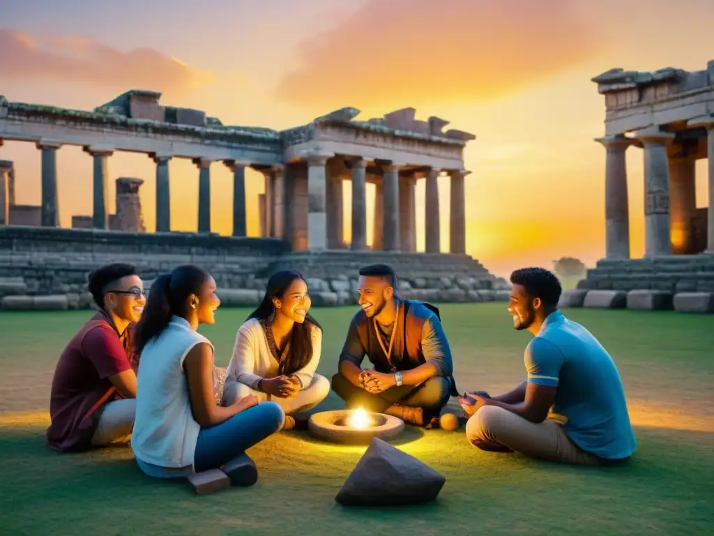 Un círculo de estudiantes diversos sonrientes disfrutando de juegos antiguos educativos de diversas culturas alrededor de ruinas