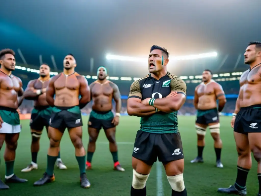 Un círculo de jugadores de rugby con atuendo Maorí, rostros pintados y cantando antes del partido