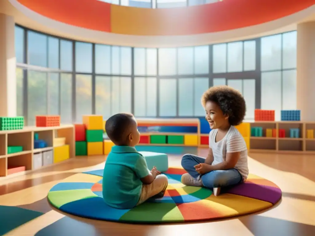 Un círculo de niños diversos juega y aprende con entusiasmo en un aula llena de juegos educativos para el desarrollo