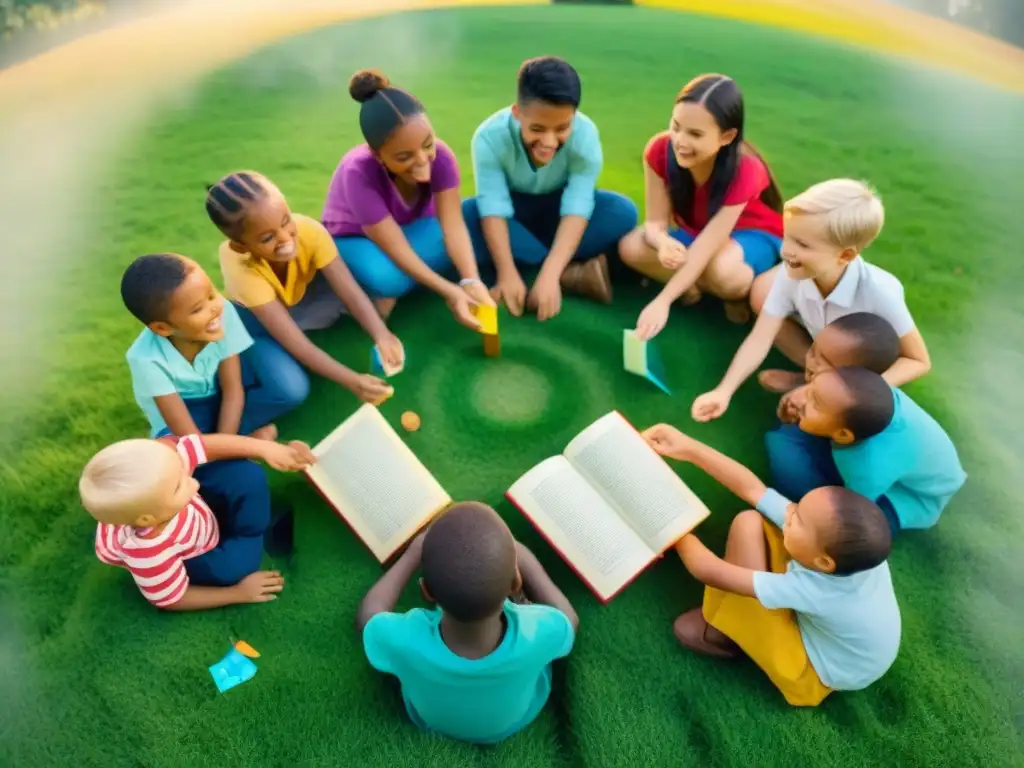 Un círculo de niños jugando con entusiasmo juegos educativos literatura niños en un campo soleado