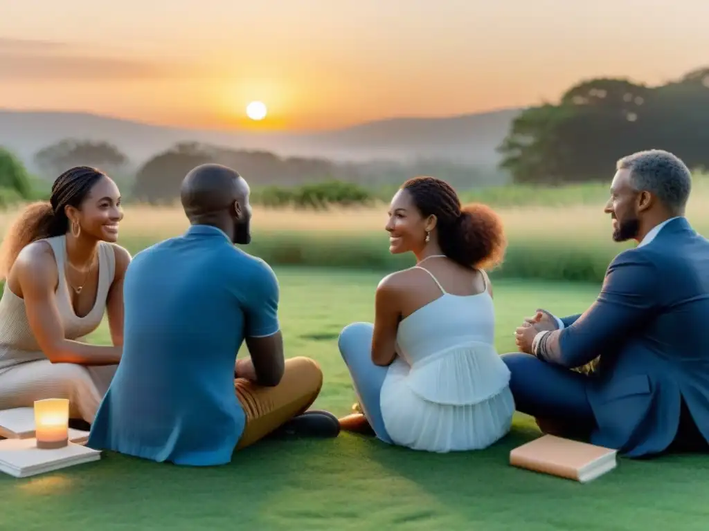 Un círculo de personas diversas conversando con conexión humana al atardecer en el césped