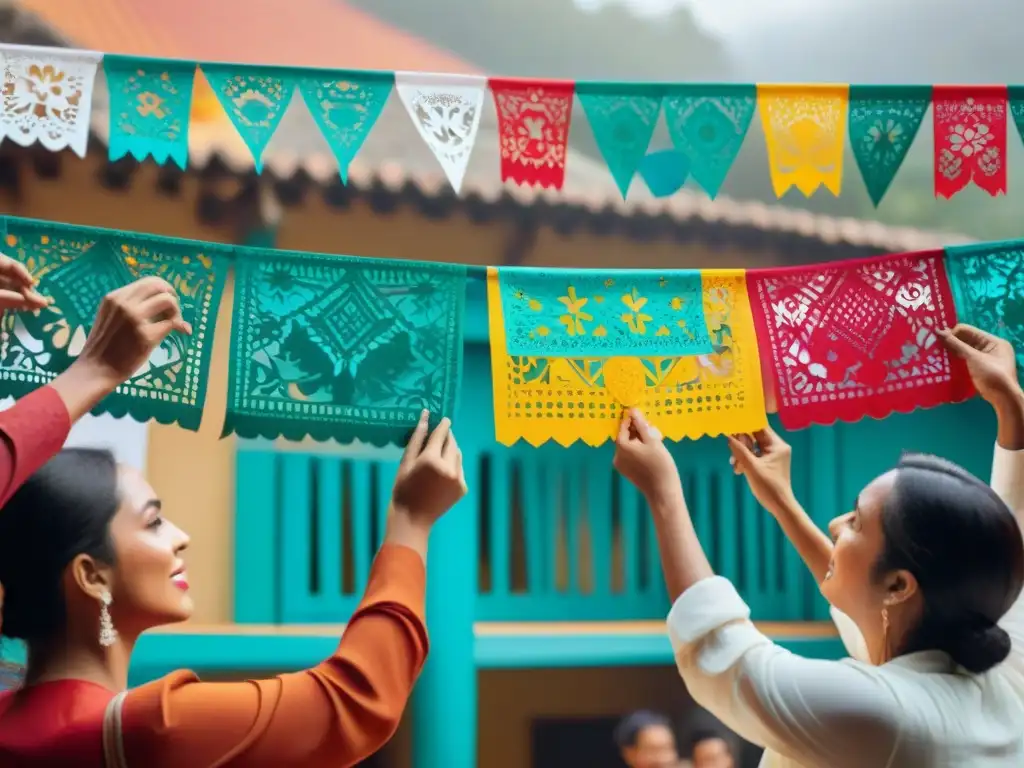 Un círculo de personas cortando papel picado en un juego tradicional, uniendo generaciones con creatividad y tradición