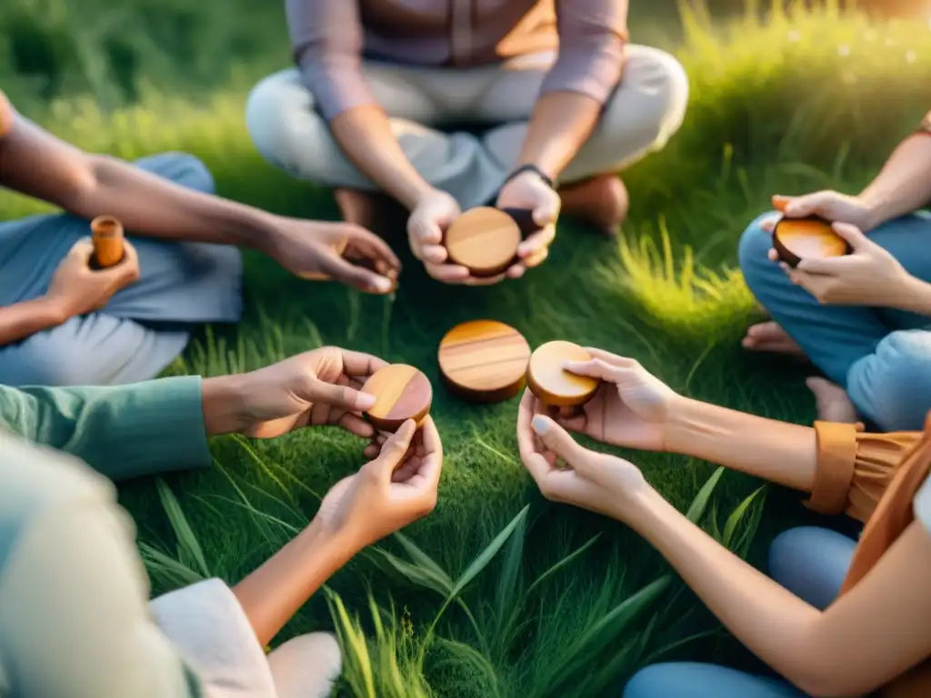 Un círculo de personas meditando en la pradera, con piezas de juego